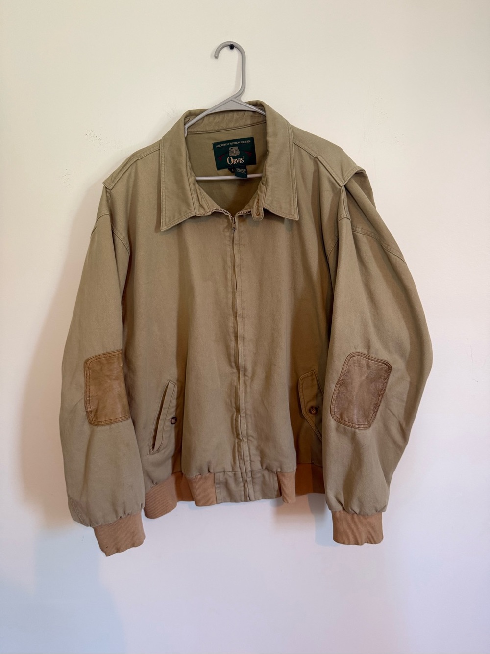 Vintage Orvis Tan Canvas Bomber Jacket with Elbow Patches Men’s size XXL